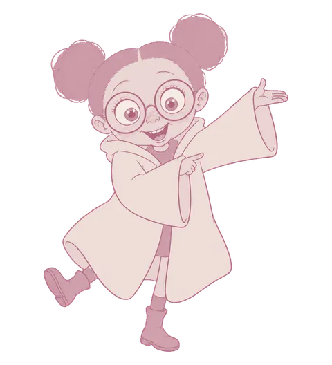 Ruthie, a small drawn character with round glasses, berry-coloured hair buns and an oversized cream coat, waving hello.