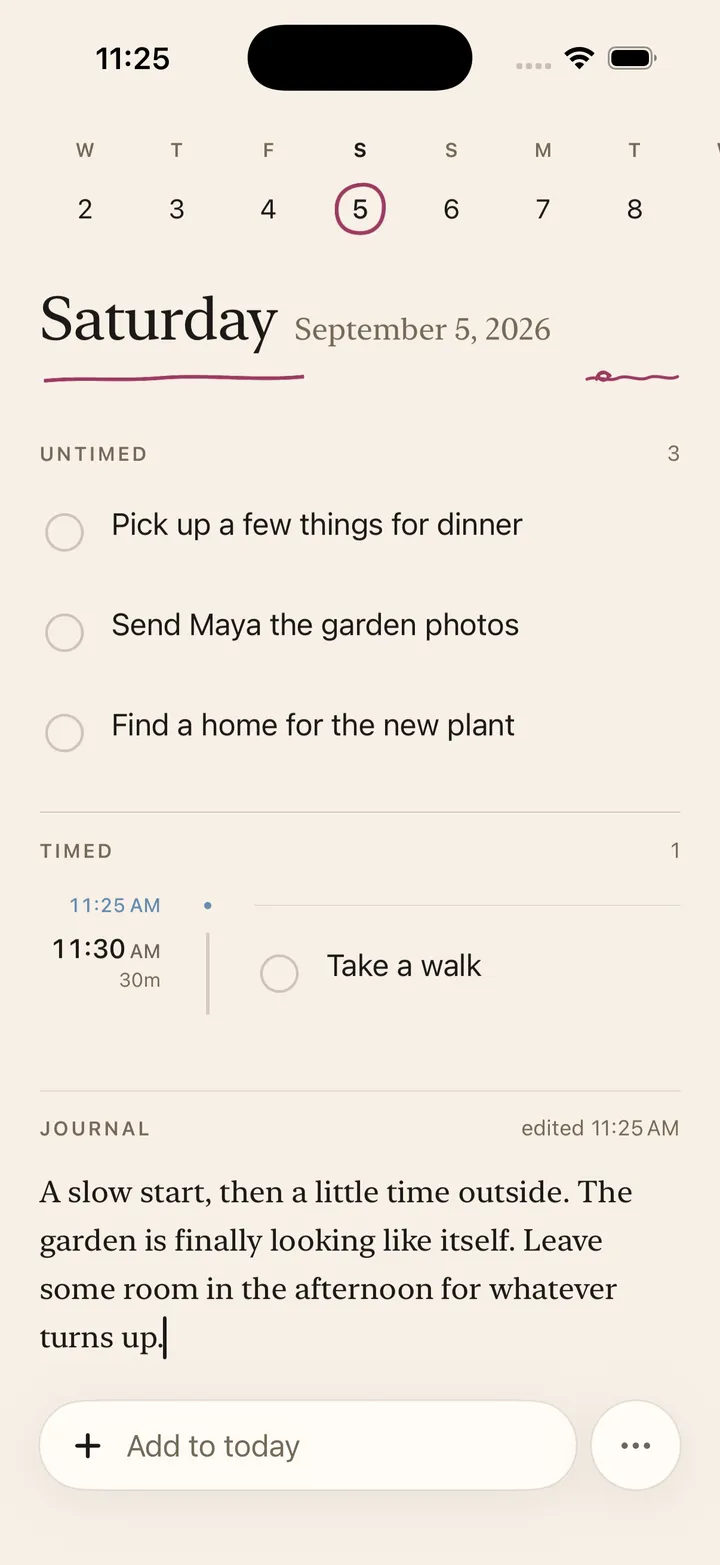 Ruthie on iPhone, showing a day with dinner shopping, garden photos, a walk, and a Journal entry.